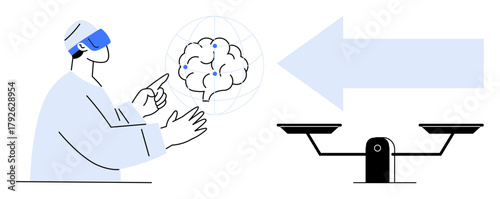 Person wearing VR headset interacting with 3D brain model and scale icon, symbolizing neuroscience, decision-making, innovation, research, AI, progress, and equilibrium. Ideal for technology