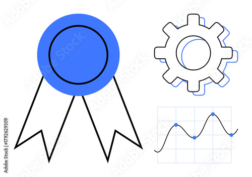 Blue award badge, gear mechanism, and line graph with data points. Ideal for concepts of success, reliability, growth, statistics, performance, innovation progress simple flat metaphor