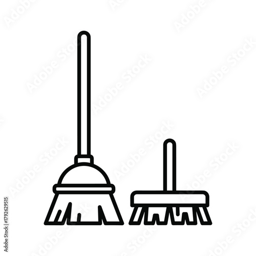 Minimalist line art illustration of a broom and scrub brush, symbolizing cleanliness