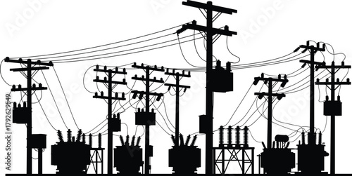 Silhouette vector illustration of electrical substation with utility poles and transformers—power grid infrastructure, voltage system, energy distribution network layoutWeb