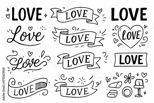 Hand-drawn doodle vector collection of “LOVE” typography and banners, created in a fun, playful, sketchy doodle style, isolated on white background
