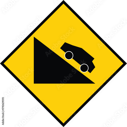 Steep hill downgrade warning road sign illustration. Vector graphic of a traffic safety symbol indicating a steep descent for vehicles