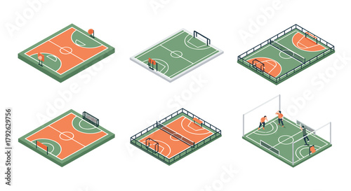 Dynamic isometric sports courts collection featuring basketball, soccer, and volleyball for active lifestyle and fitness concepts