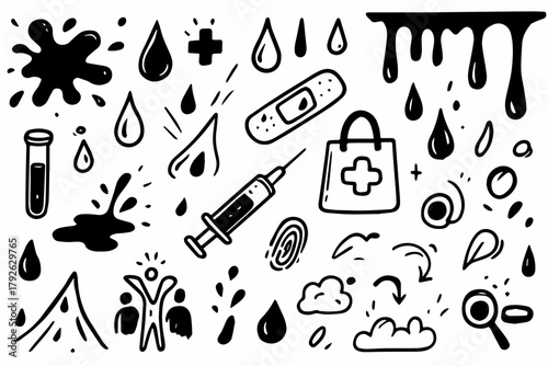 Hand-drawn doodle vector collection of blood-themed elements, created in a fun, sketchy doodle style, isolated on white background
