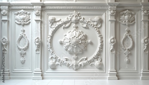 White ornate wall paneling features intricate floral, geometric relief designs. This decorative architectural element offers classical elegance, detailed craftsmanship for interior design backdrops.