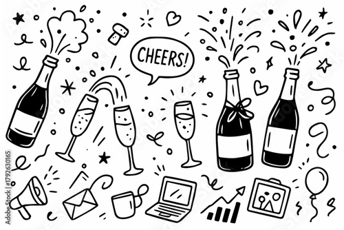 Hand-drawn doodle vector collection of champagne bottles popping, created in a fun, playful, sketchy doodle style, isolated on white background

