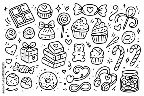 Hand-drawn doodle vector set of chocolates candies and sweets created in a fun sketchy ink-pen style, AI, EPS, JPG, PNG, isolated on white background
