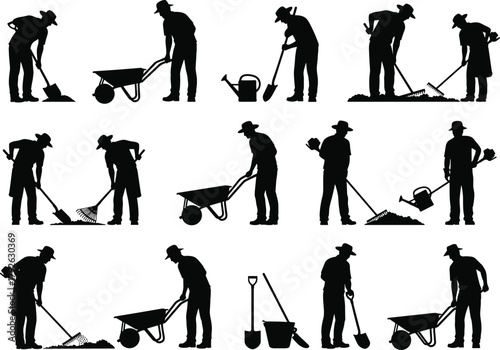 Gardening silhouette, outdoor labor, black vector, garden worker, landscaping tools, shovel pose, wheelbarrow action, watering can, rake motion, manual work