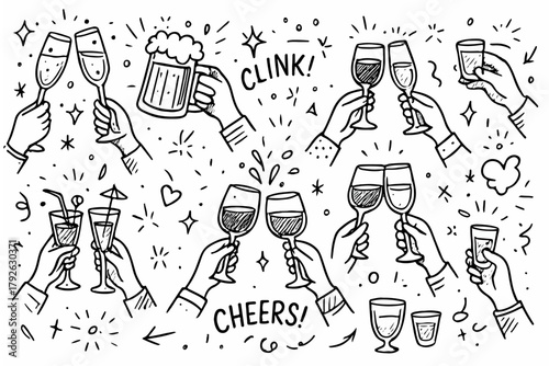 Hand-drawn doodle vector set of cheers hands clinking glasses created in a fun sketchy ink-pen style, AI, EPS, JPG, PNG, isolated on white background
