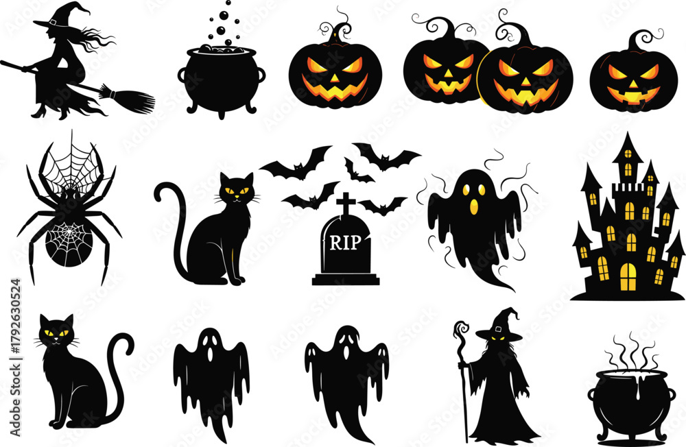 Fototapeta premium Halloween silhouettes, spooky icons, witch flying, haunted house, ghost shapes, black cat, jack-o'-lantern, RIP gravestone, cauldron, spider web