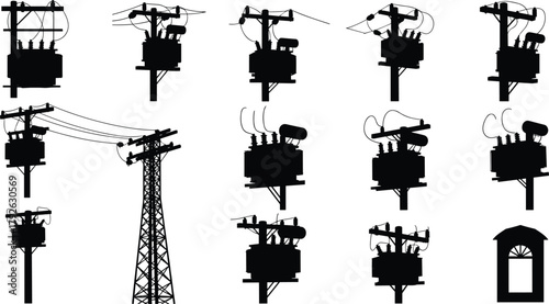 Silhouette vector illustration of electrical transformers on utility poles and tower—power grid infrastructure, voltage system, energy distribution layout, industrial design
