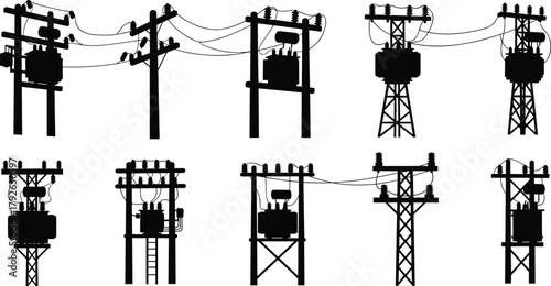 Silhouette vector illustration of electrical transformers on utility poles and towers—power grid infrastructure, voltage system, energy distribution network layout