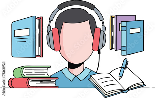 Person Wearing Headphones Surrounded by Books and Writing Tools Studying or Learning Concept