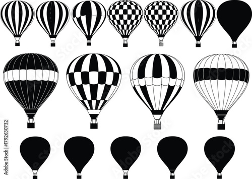 Hot air balloons, black silhouette, vector icons, striped pattern, floating design, travel symbol, sky adventure, balloon shapes, graphic set, flight