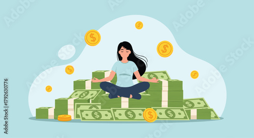 Achieve financial peace meditating amidst stacks of cash and gold coins, embracing wealth and tranquility with serene focus