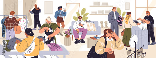 People are in fashion store. Buyers are shopping in mass market. Customers try accessories, apparels in dressing room, choose and buy stylish clothes on counter with seller. Flat vector illustration.