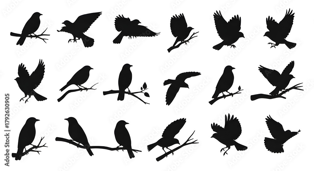 Obraz premium Diversas siluetas de pájaros negros: una colección de pájaros voladores y pájaros cantores posados en ramas con hojas, aislados en un fondo blanco, perfectos para temas de naturaleza y vida silvestre.