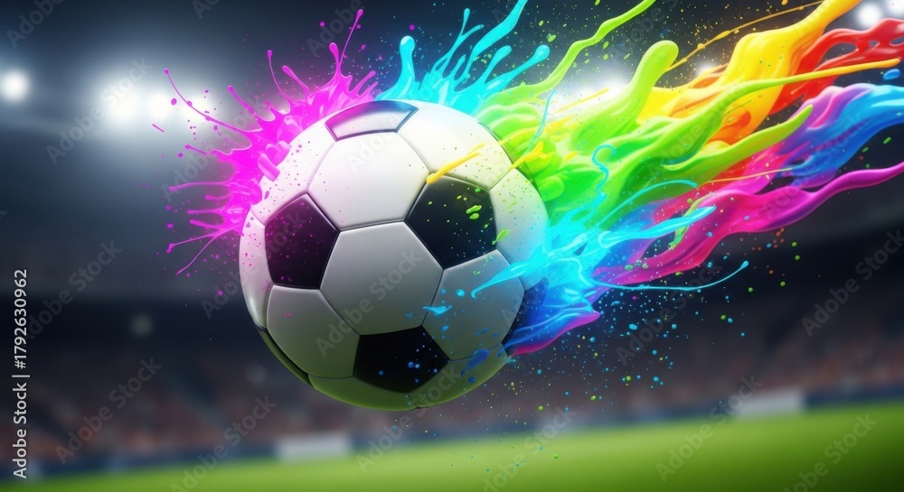 Naklejka premium Dynamic Soccer Ball with Vivid Paint Splashes Against Stadium Backdrop Scene