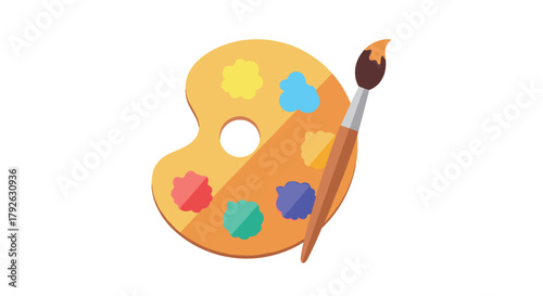 Vibrant artist's palette with colorful paints and brush ready for creative masterpiece creation
