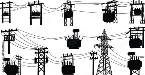 Silhouette vector illustration of electrical transmission and distribution infrastructure—utility poles, transformers, power lines, lattice towers, energy grid system layout