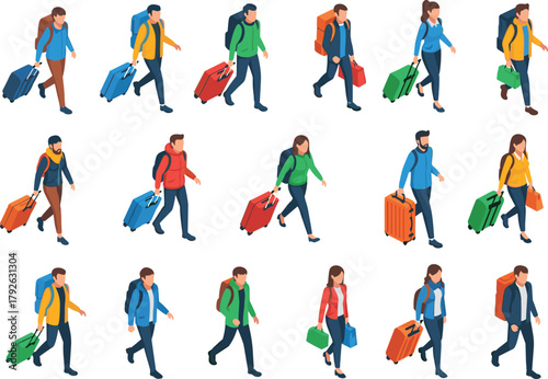 Isometric travelers, walking with luggage, diverse outfits, airport people, travel illustration, backpackers, tourism concept, suitcase icons, vector characters, journey scene