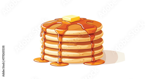 Indulge in a stack of golden pancakes generously drizzled with warm syrup and topped with melting butter, perfect for breakfast delight