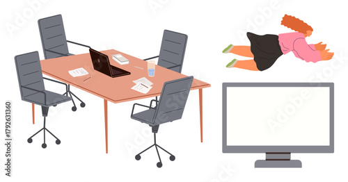 Office table with chairs, laptop, papers, glass, large screen, and flying remote worker. Ideal for teamwork, communication, remote work virtual collaboration tech integration workflow simple flat