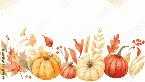 Watercolor hello Autumn harvest border with pumpkins, fall leaves, seasonal gourds decorated for Thanksgiving hand painted illustration, Harvest festival invitation, greeting card, background, banner