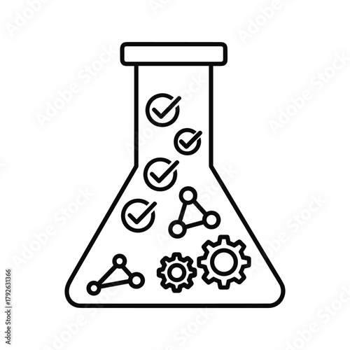 Laboratory flask with gears, molecules and checkmarks, concept of scientific research and development