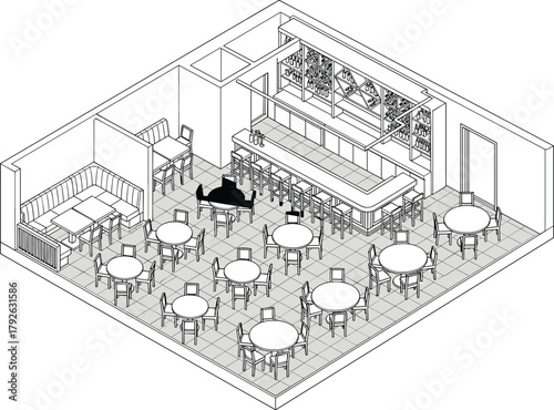 Isometric restaurant layout, bar interior design, furniture arrangement, dining space visualization, hospitality blueprint, seating plan, entertainment venue, piano area