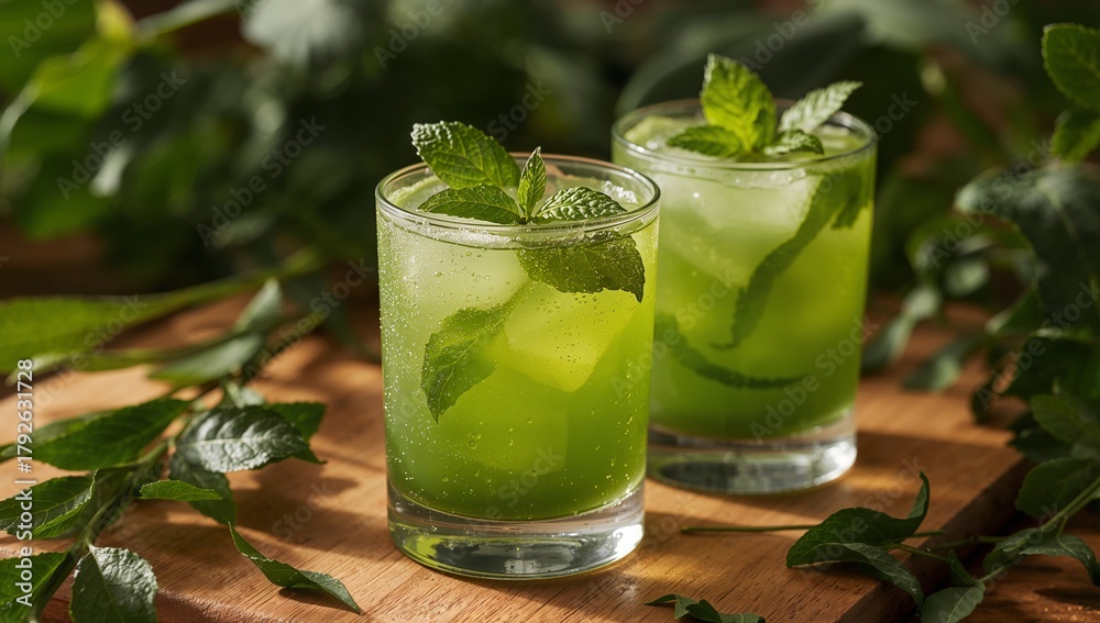 Fototapeta premium Emerald Elixir. A Refreshing Green Drink with Mint, Ice, and Delicate Condensation.