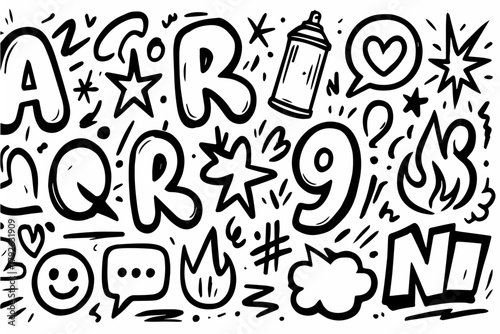 Hand-drawn doodle vector collection of graffiti black vectors, created in a fun, sketchy doodle style, isolated on white background
