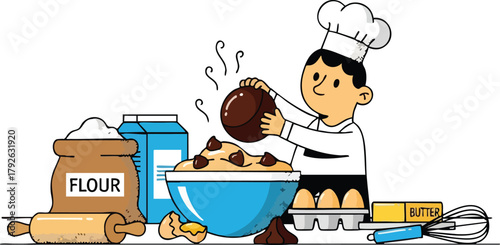 Chef Adding Chocolate Chunks To Dough In A Blue Bowl With Baking Ingredients Around On A White Background