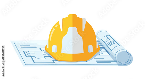 Innovative blueprint and hard hat symbolize construction planning, engineering success, and project development in a professional setting
