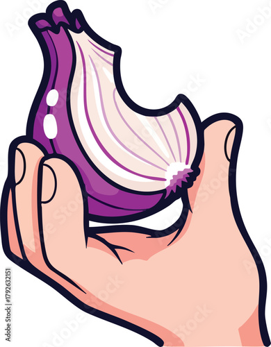 Close up of a hand holding a purple onion slice against a white background with pixelated details