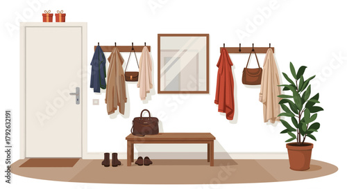 Cozy entryway with coats, bags, and a plant creating a warm, inviting welcome home atmosphere and organized space