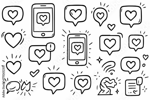 Hand-drawn doodle vector collection of heart notification icons, created in a fun, playful, sketchy doodle style, isolated on white background
