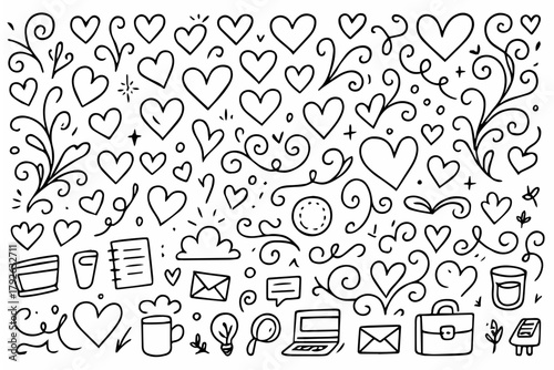 Hand-drawn doodle vector collection of heart patterns and swirls, created in a fun, playful, sketchy doodle style, isolated on white background
