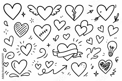 Hand-drawn doodle vector collection of hearts in different styles, created in a fun, playful, sketchy doodle style, isolated on white background
