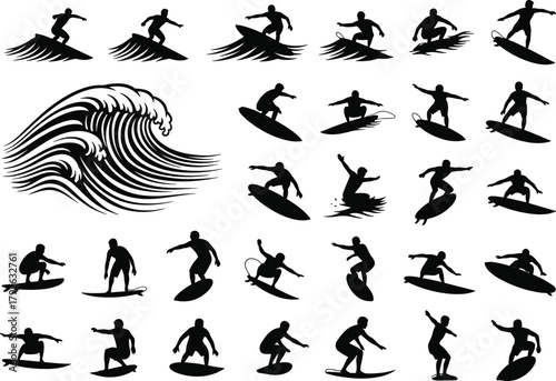 Surfing silhouettes, surfer actions, wave illustration, beach sport, ocean movement, surfboard icon, summer vibe, water activity, extreme sport, coastal lifestyle