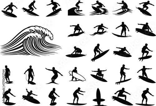 Surfing silhouettes, surfer poses, wave action, beach sport, surfboard icon, extreme sport, ocean movement, summer vibe, coastal lifestyle, water adventure