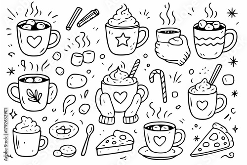 Hand-drawn doodle vector collection of hot chocolate mugs and marshmallows, created in a fun, playful, sketchy doodle style, isolated on white background
