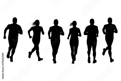 Group of six running people silhouettes with men and women jogging for fitness