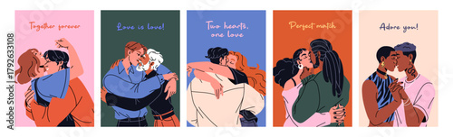 Valentine Day postcards designs set. 14 February greeting cards templates with kissing couples and hugging lovers. Layouts with people loving in romantic relationships. Flat vector illustrations.