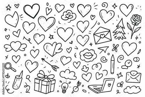 Hand-drawn doodle vector collection of love symbols and icons, created in a fun, playful, sketchy doodle style, isolated on white background
