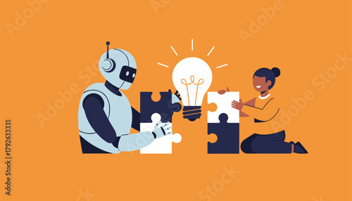 Robot and person collaborate to solve puzzle, sparking bright idea symbolized by a lightbulb for innovation and teamwork