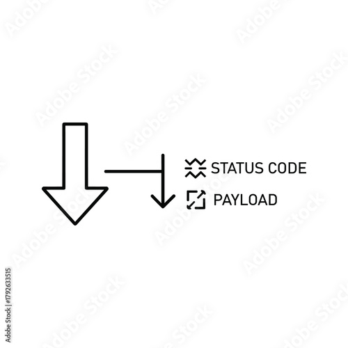 Arrow pointing down next to status code and payload text, indicating data download or response