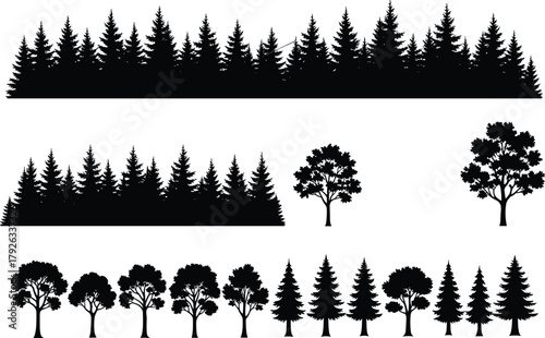 Tree silhouettes, forest layout, coniferous trees, deciduous icons, black vector, foliage pattern, nature design, landscape element, botanical shapes, seasonal mix