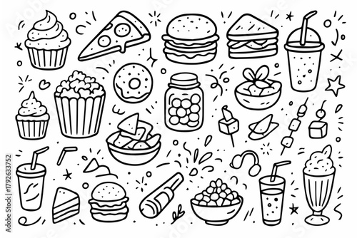 Hand-drawn doodle vector collection of party food and snacks, created in a fun, sketchy doodle style, isolated on white background

