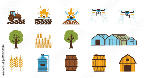 Visualize modern agriculture with tractors, drones, sprinklers, greenhouses, wheat, trees, and barns for farming innovation